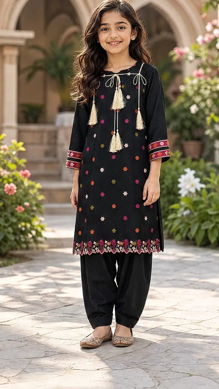 Girls Black Embroidered Kurta Salwar Set