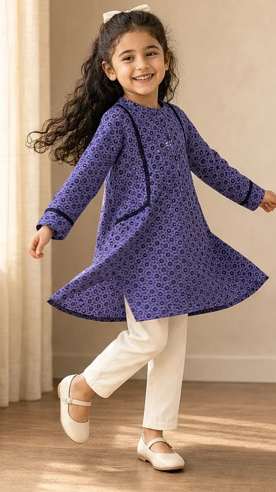 Girls Purple Printed Kurta Trouser Set