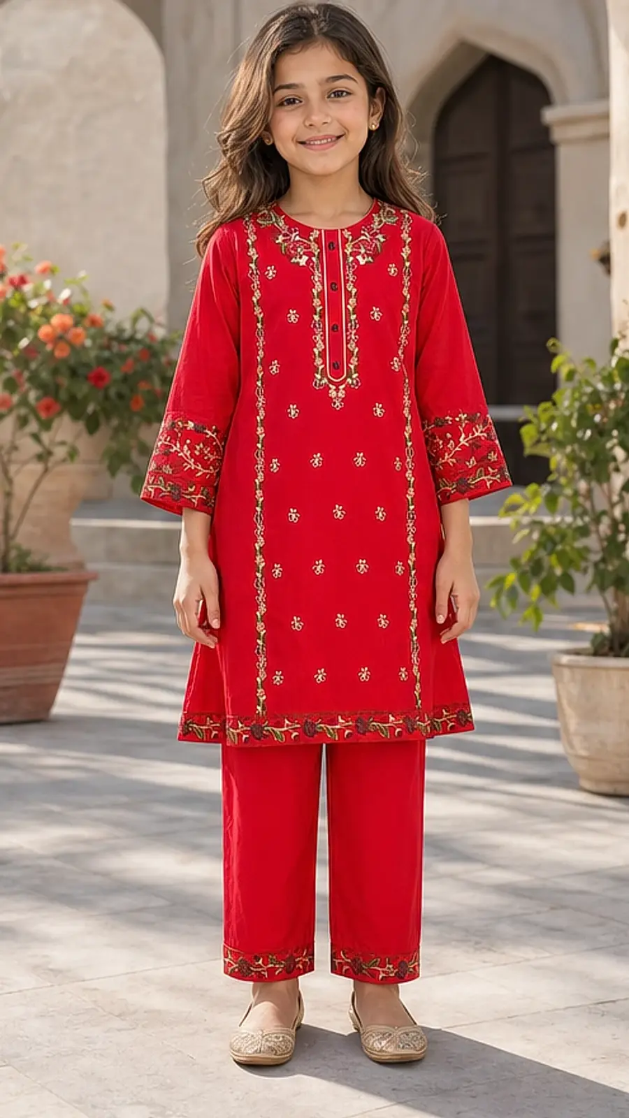 Girls Red Embroidered Kurta Pajama Set