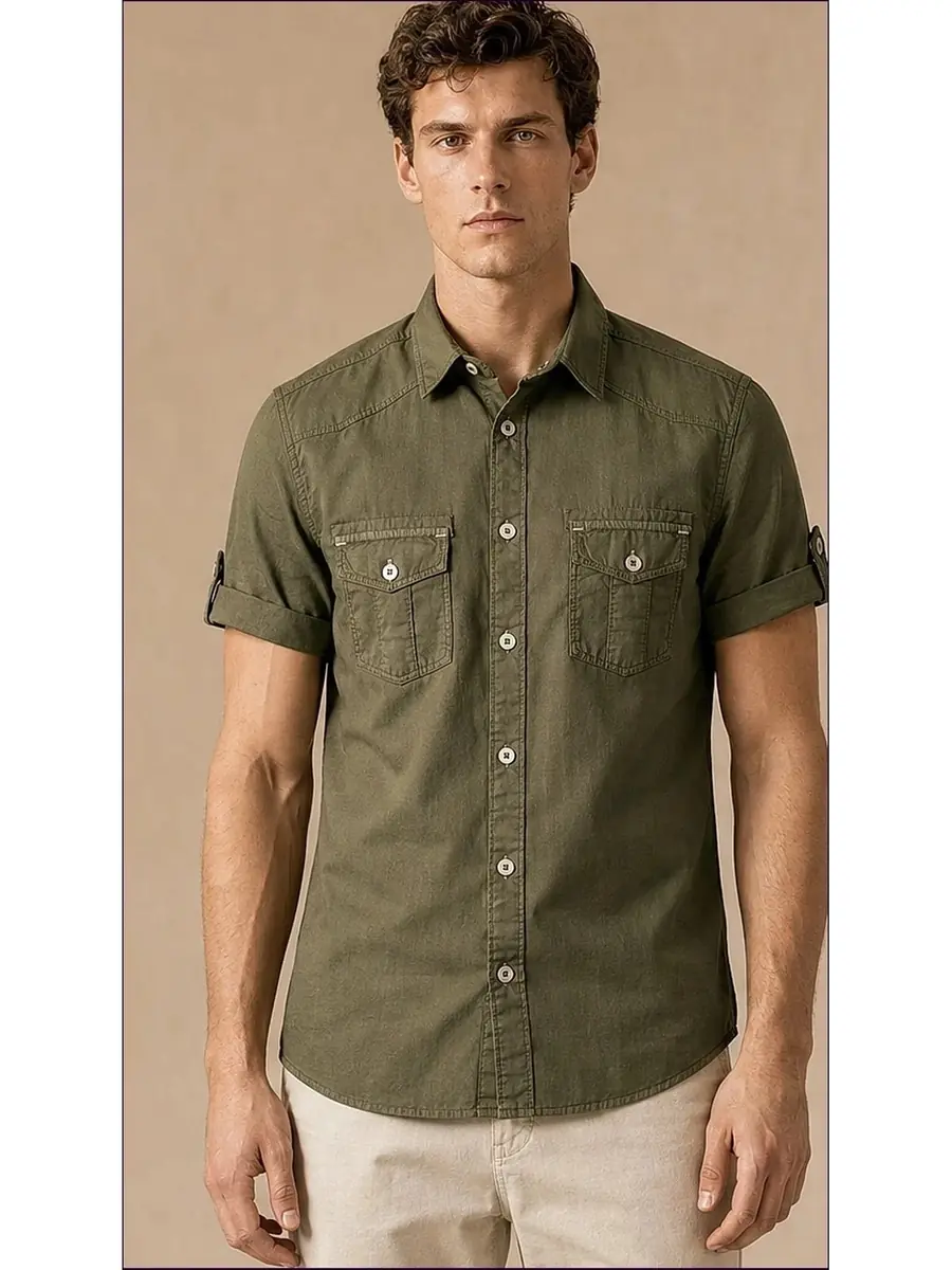 Olive Half Sleeve Pigment dyed Egyptian Cotton Shirt