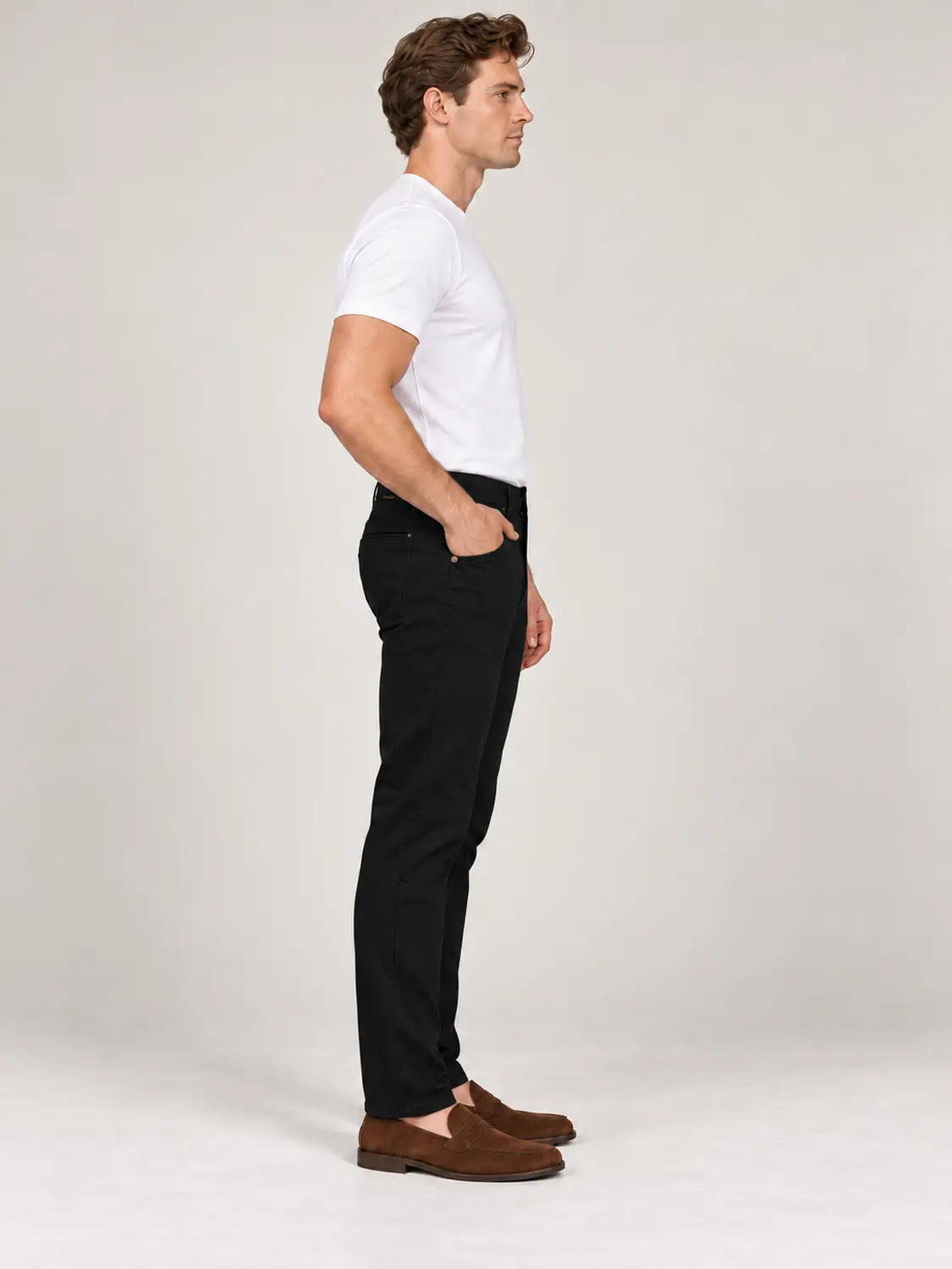 Men’s Black Pigment-Dyed Stretch Slim Fit Denim-Pocket Chino Pants — view 3