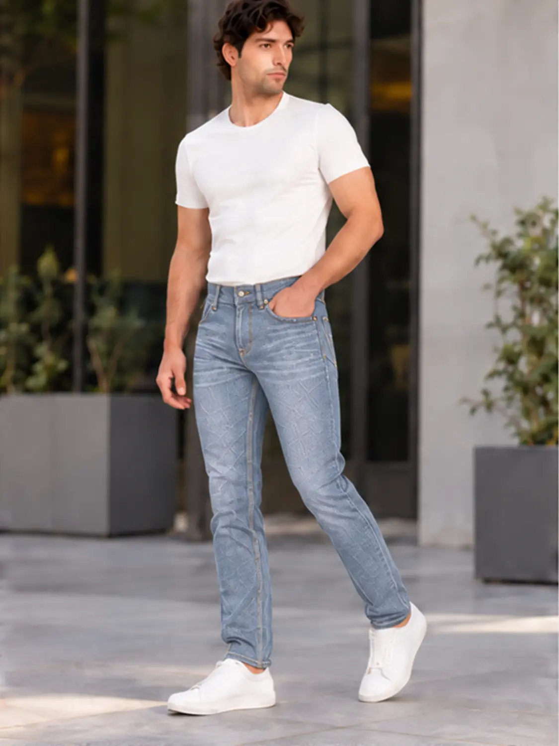 Men’s Light Blue Washed Stretch Slim Fit Jeans — view 1