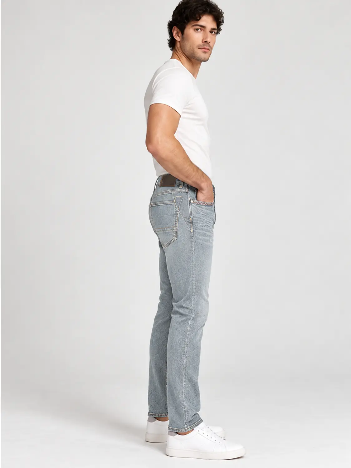 Men’s Light Wash Blue Stretch Slim Fit Jeans with Red Zigzag Stitching — view 7