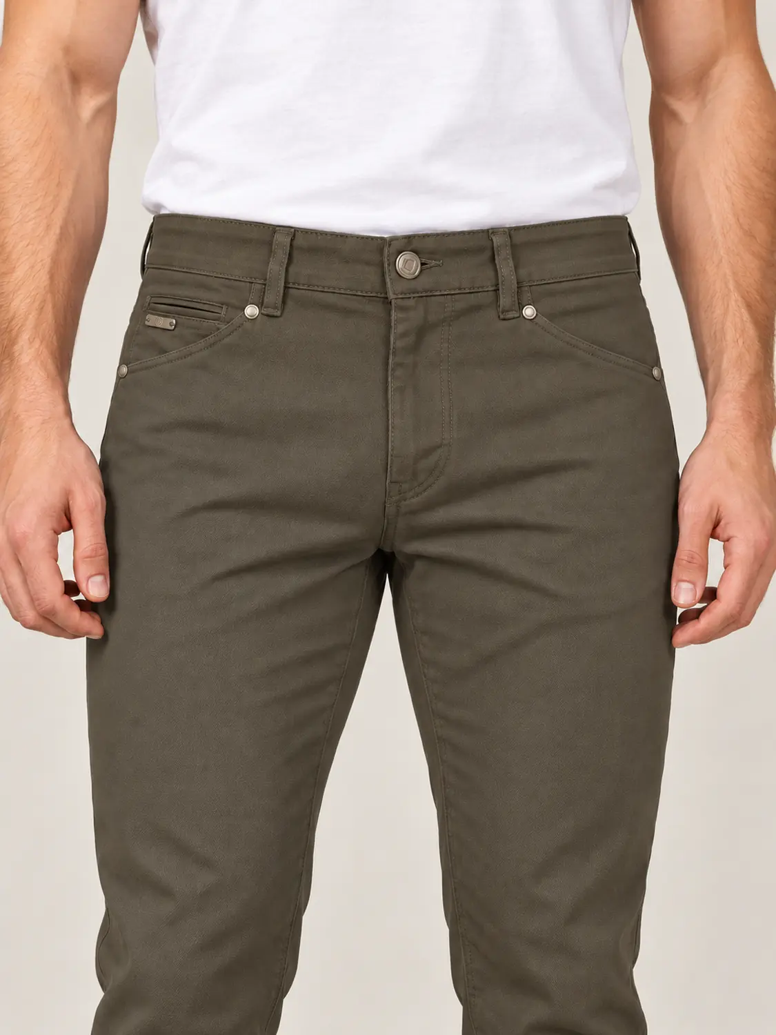 Men’s Olive Pigment-Dyed Stretch Slim Fit Denim-Pocket Chino Pants — view 6