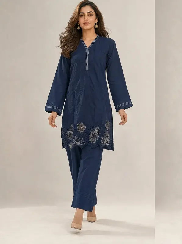 Women's Navy Blue Cutwork Embroidered 2-Piece Cotton Co-Ord Set