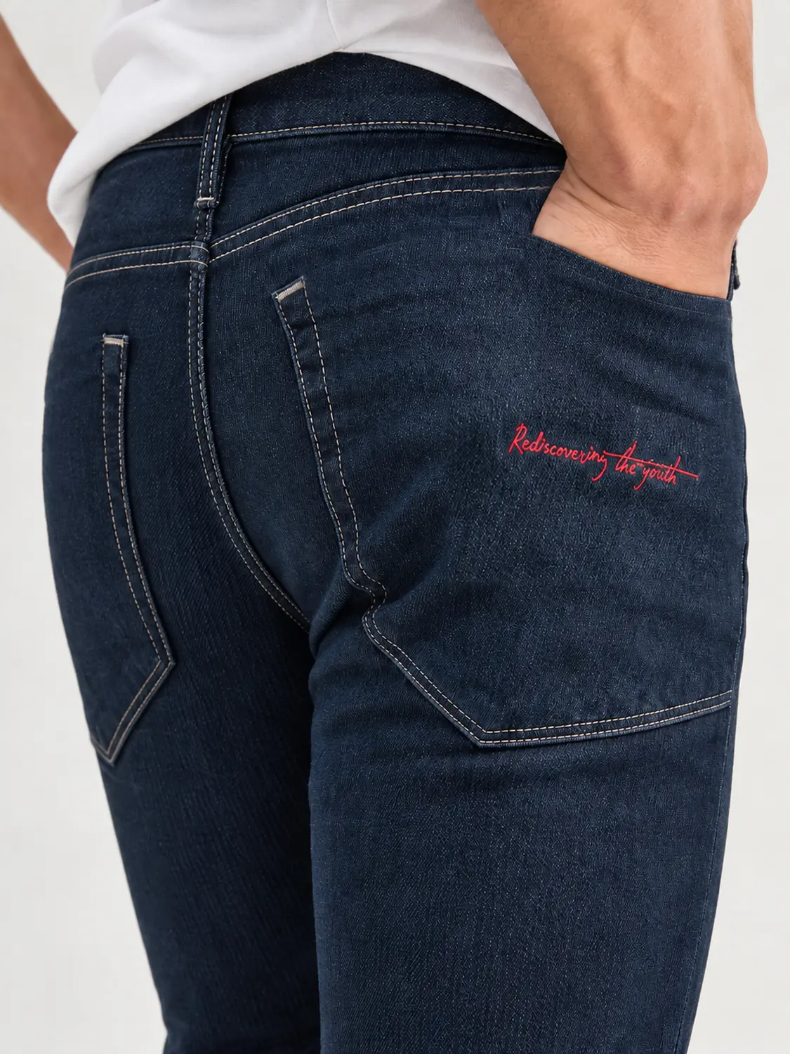 Men’s Navy Washed Stretch Slim Fit Jeans with Back-Pocket Embroidery — view 4