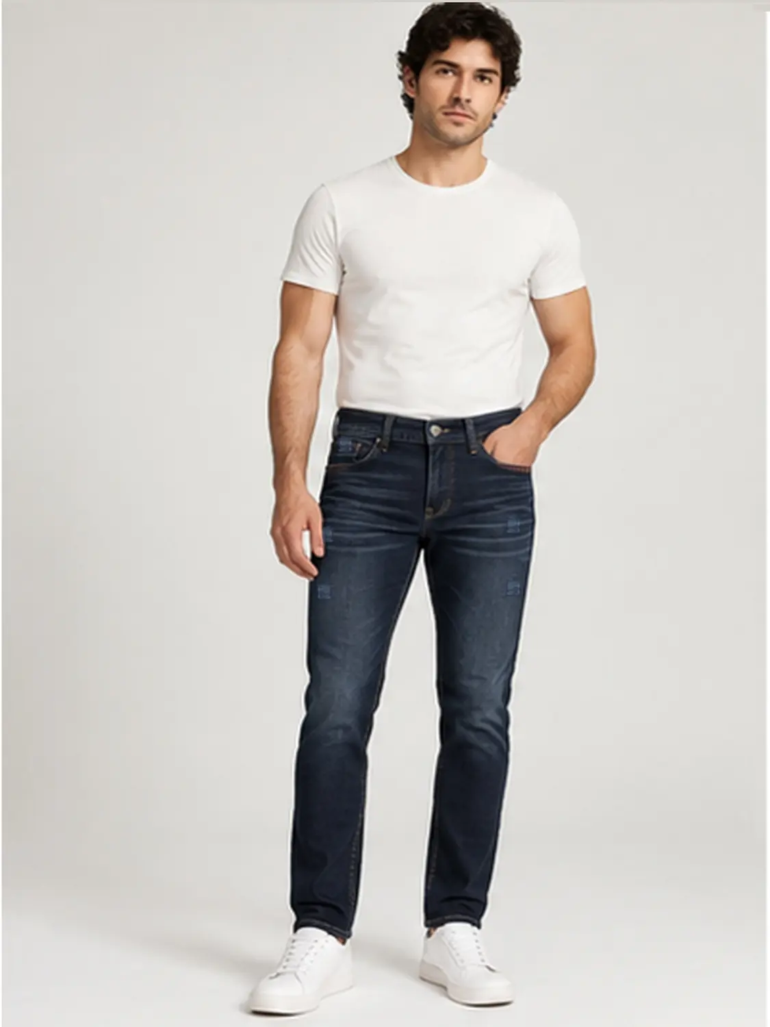 Men’s Dark Indigo Stretch Slim Fit Jeans with Red Zigzag Stitching — view 2