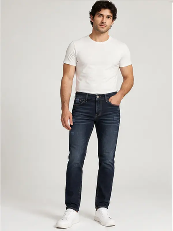 Men’s Dark Indigo Stretch Slim Fit Jeans with Red Zigzag Stitching