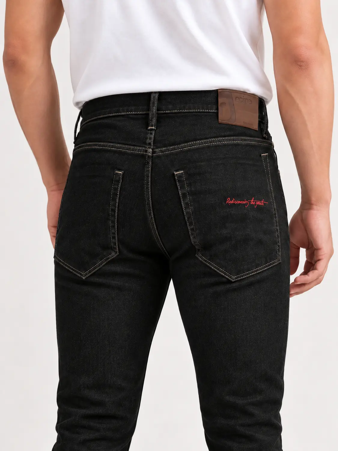 Men’s Black Washed Stretch Slim Fit Jeans with Back-Pocket Embroidery — view 6