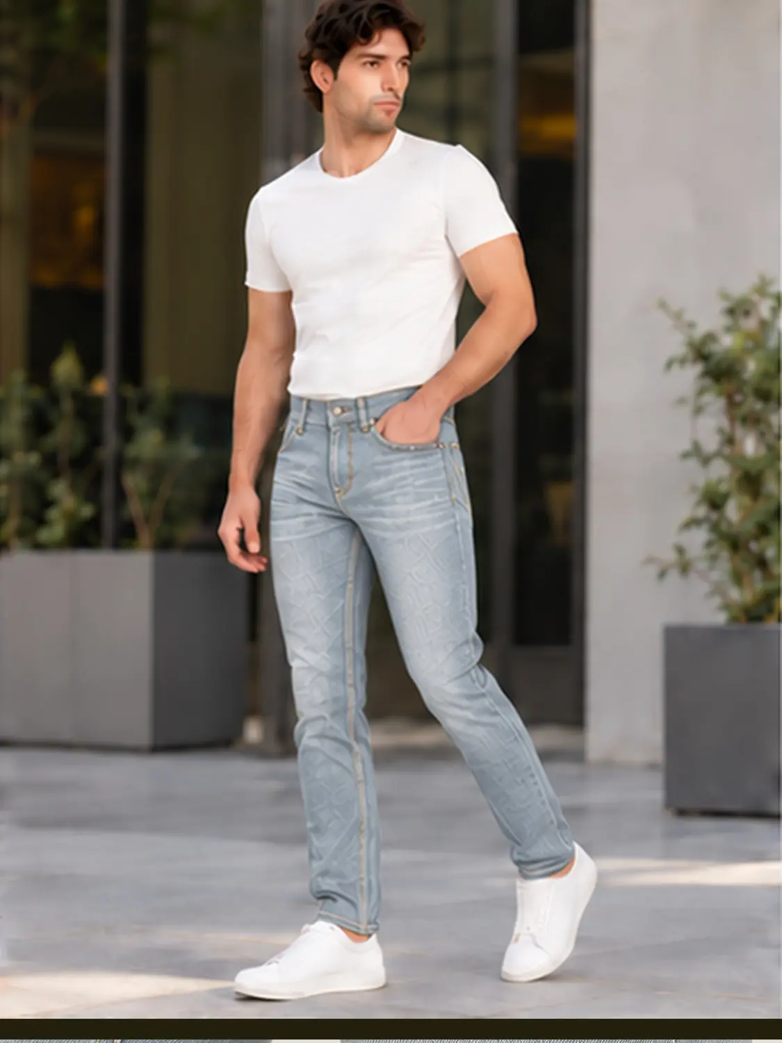 Men’s Light Wash Blue Stretch Slim Fit Jeans with Red Zigzag Stitching — view 12
