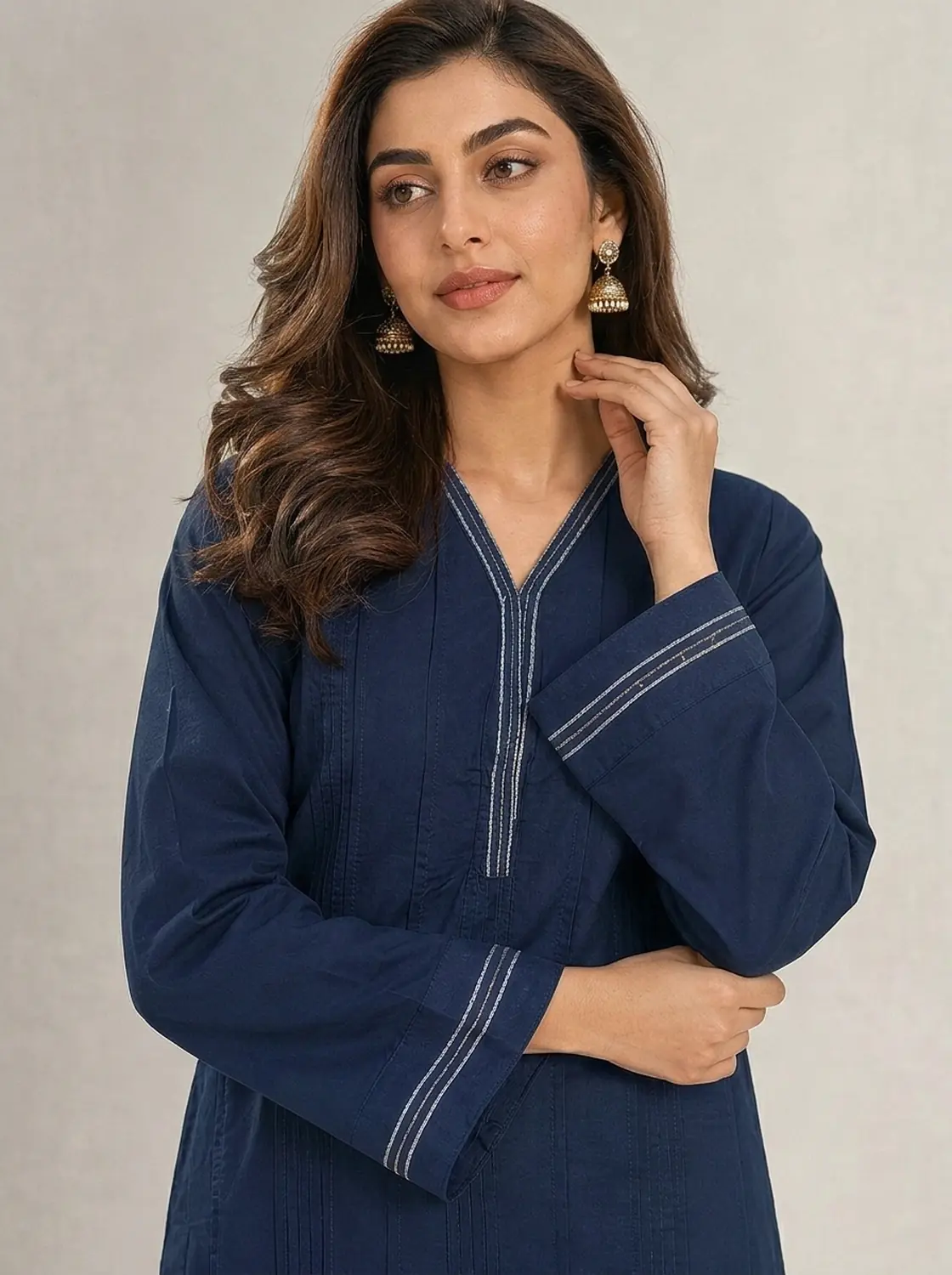 Women's Navy Blue Cutwork Embroidered 2-Piece Cotton Co-Ord Set — view 3