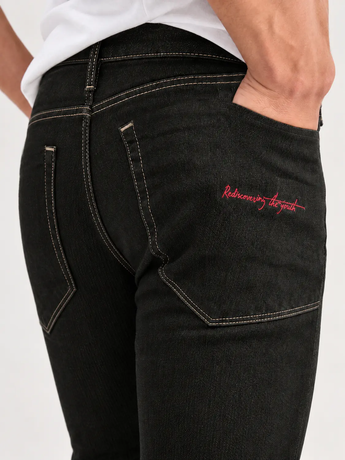 Men’s Black Washed Stretch Slim Fit Jeans with Back-Pocket Embroidery — view 4