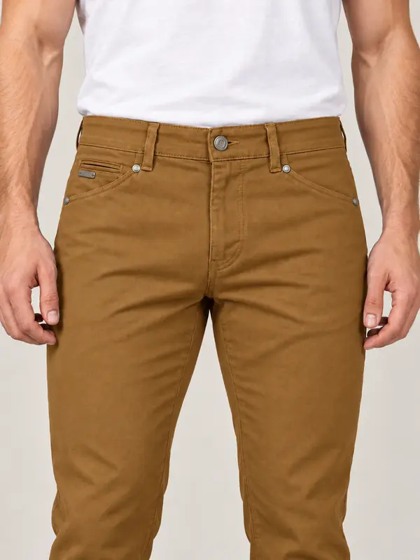 Men’s Mustard Pigment-Dyed Stretch Slim Fit Denim-Pocket Chino Pants
