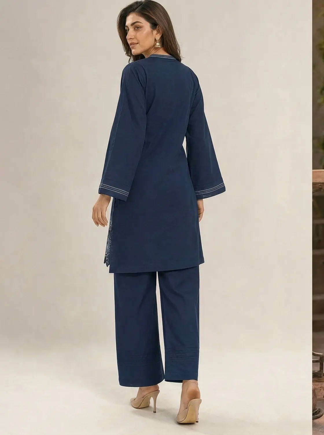 Women's Navy Blue Cutwork Embroidered 2-Piece Cotton Co-Ord Set — view 2