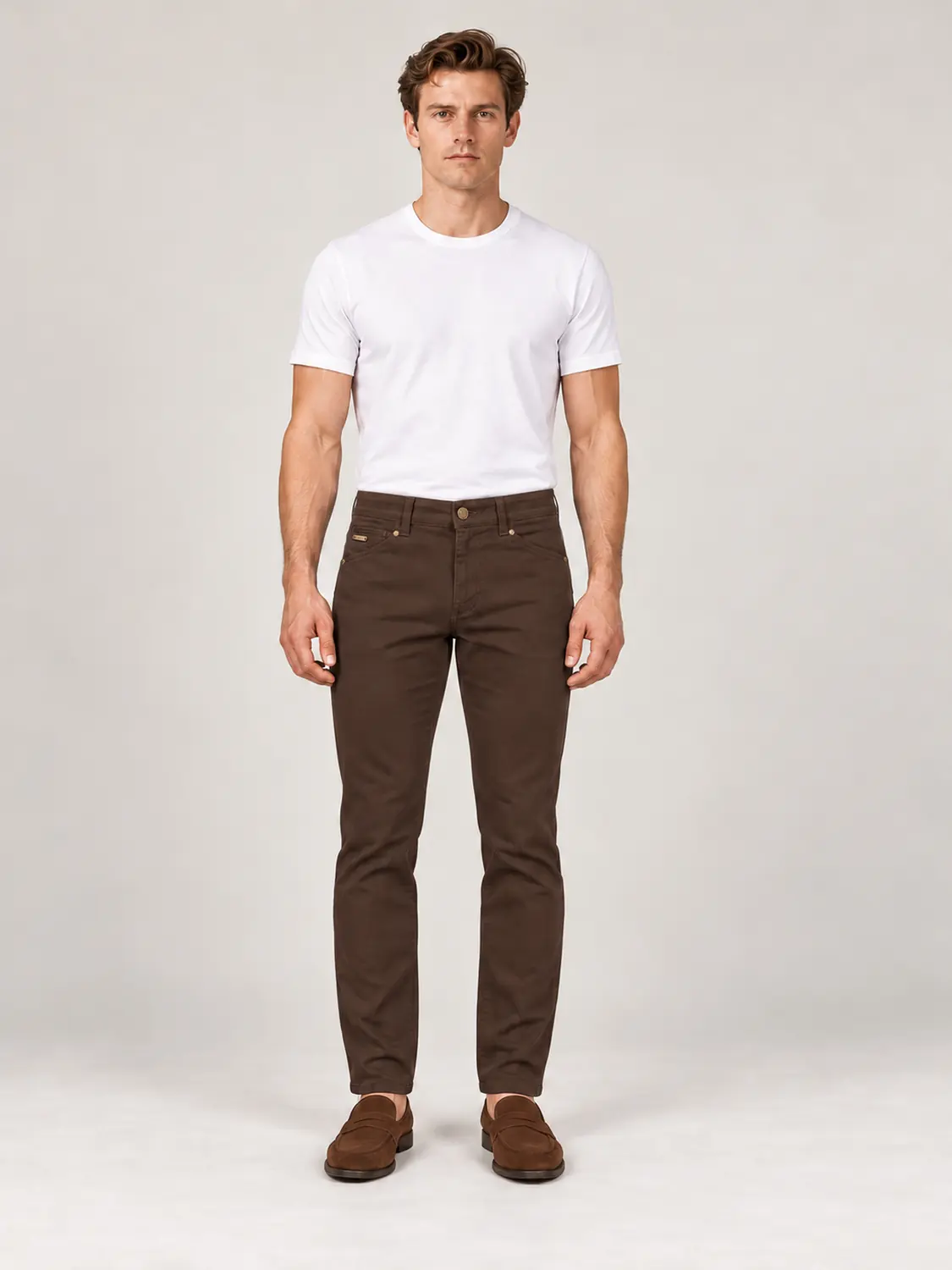 Men’s Brown Pigment-Dyed Stretch Slim Fit Denim-Pocket Chino Pants — view 1