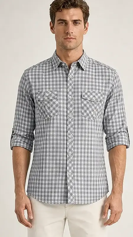 Men's Grey & White Gingham Check Roll-Up Long Sleeve Cotton Shirt