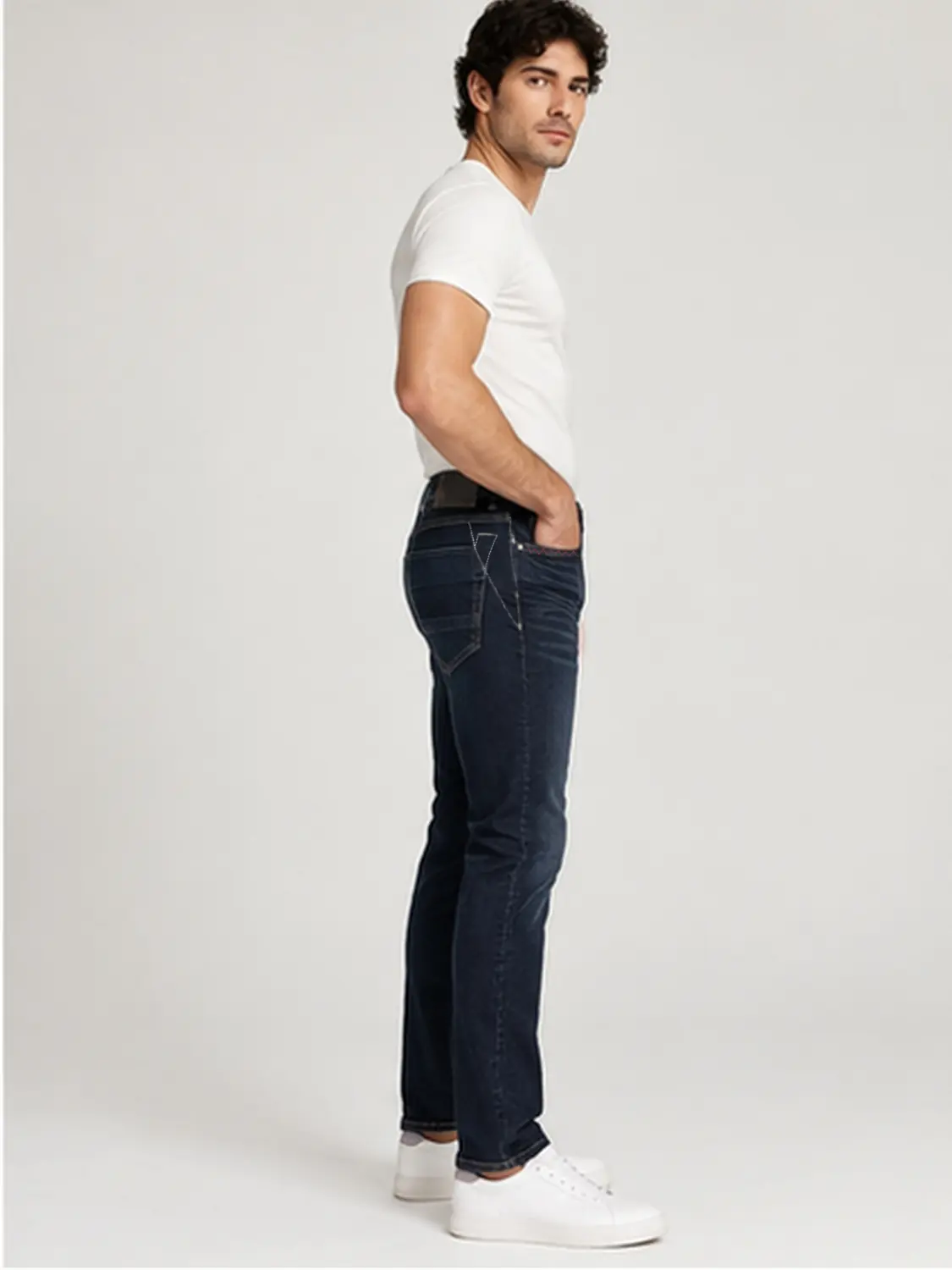 Men’s Dark Indigo Stretch Slim Fit Jeans with Red Zigzag Stitching — view 4