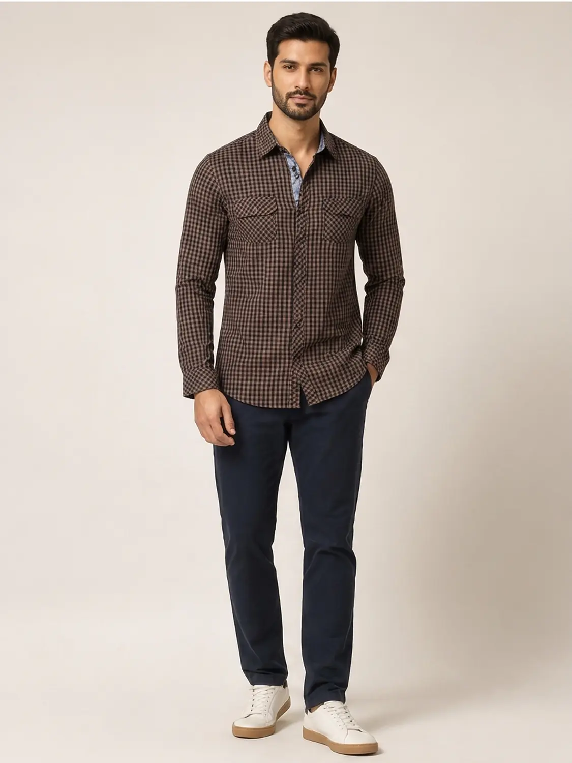Men's Brown Micro Gingham Check Yarn Dyed Cotton Casual Shirt — view 2