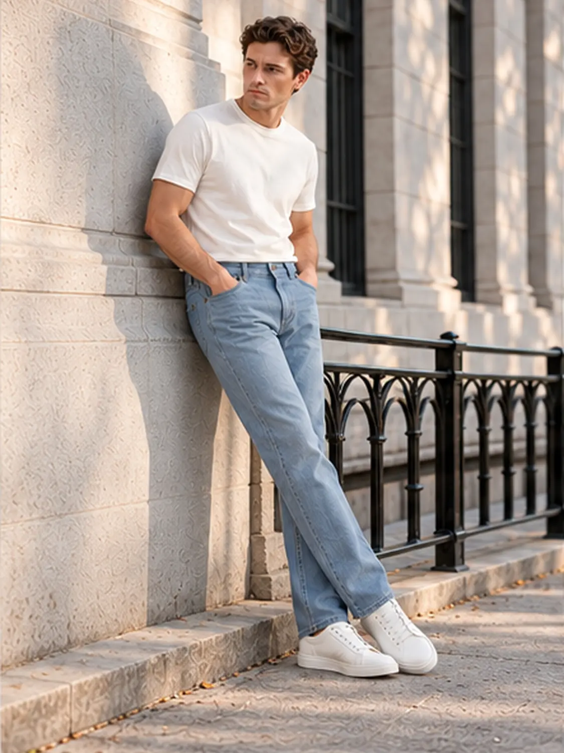 Men’s Light Wash Blue Stretch Slim Fit Jeans with Red Zigzag Stitching — view 5