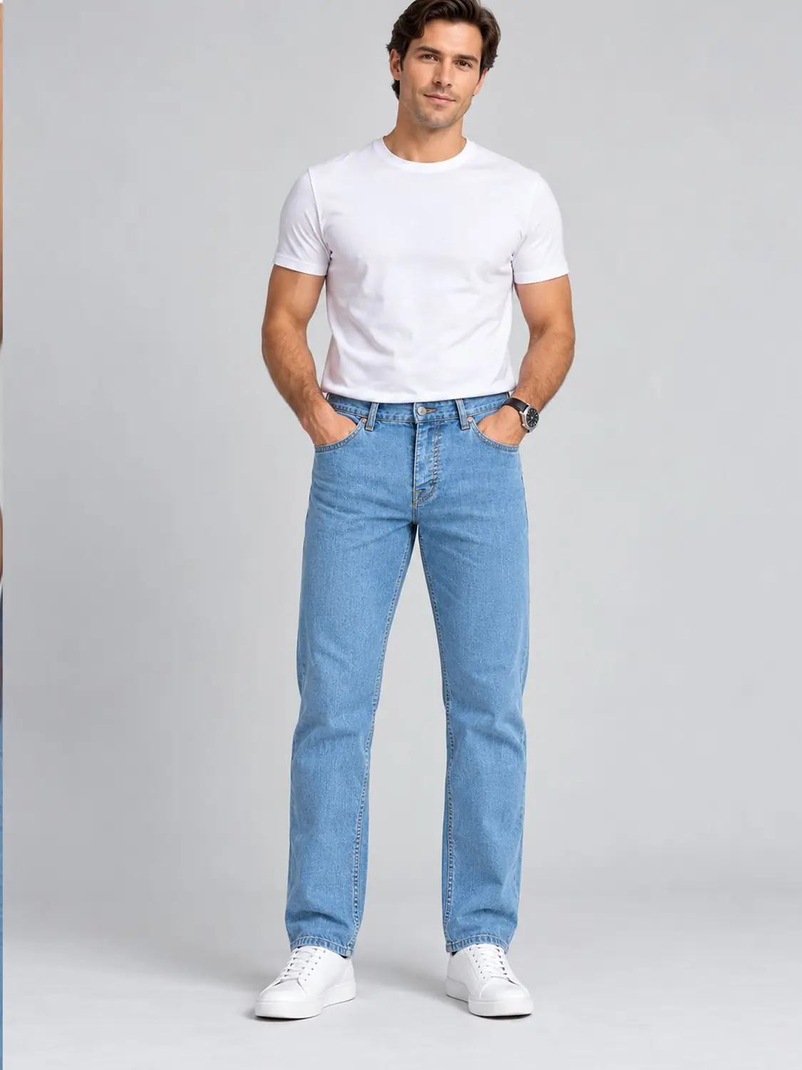 Men’s Light Blue Washed Stretch Slim Fit Jeans with Back-Pocket Embroidery — view 2