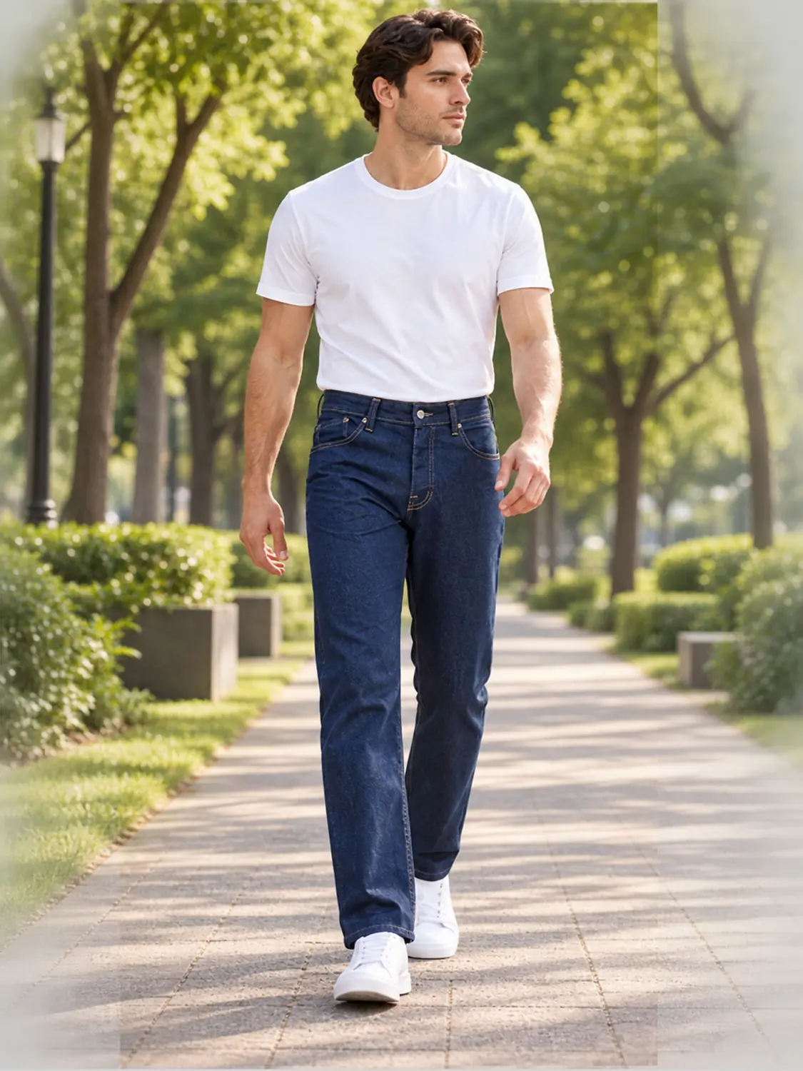 Men’s Indigo Blue Washed Stretch Slim Fit Jeans with Back-Pocket Embroidery — view 6