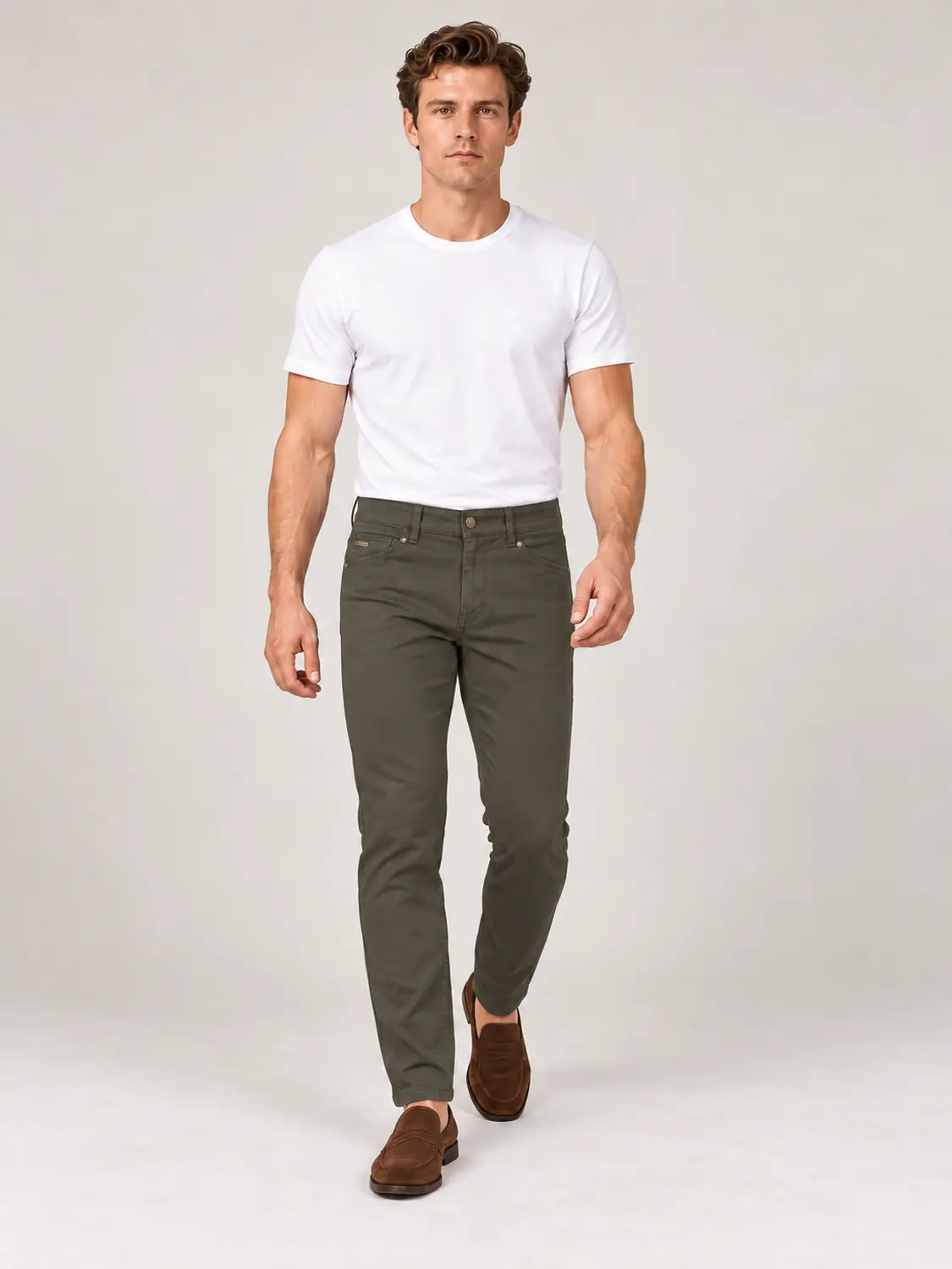 Men’s Olive Pigment-Dyed Stretch Slim Fit Denim-Pocket Chino Pants — view 8