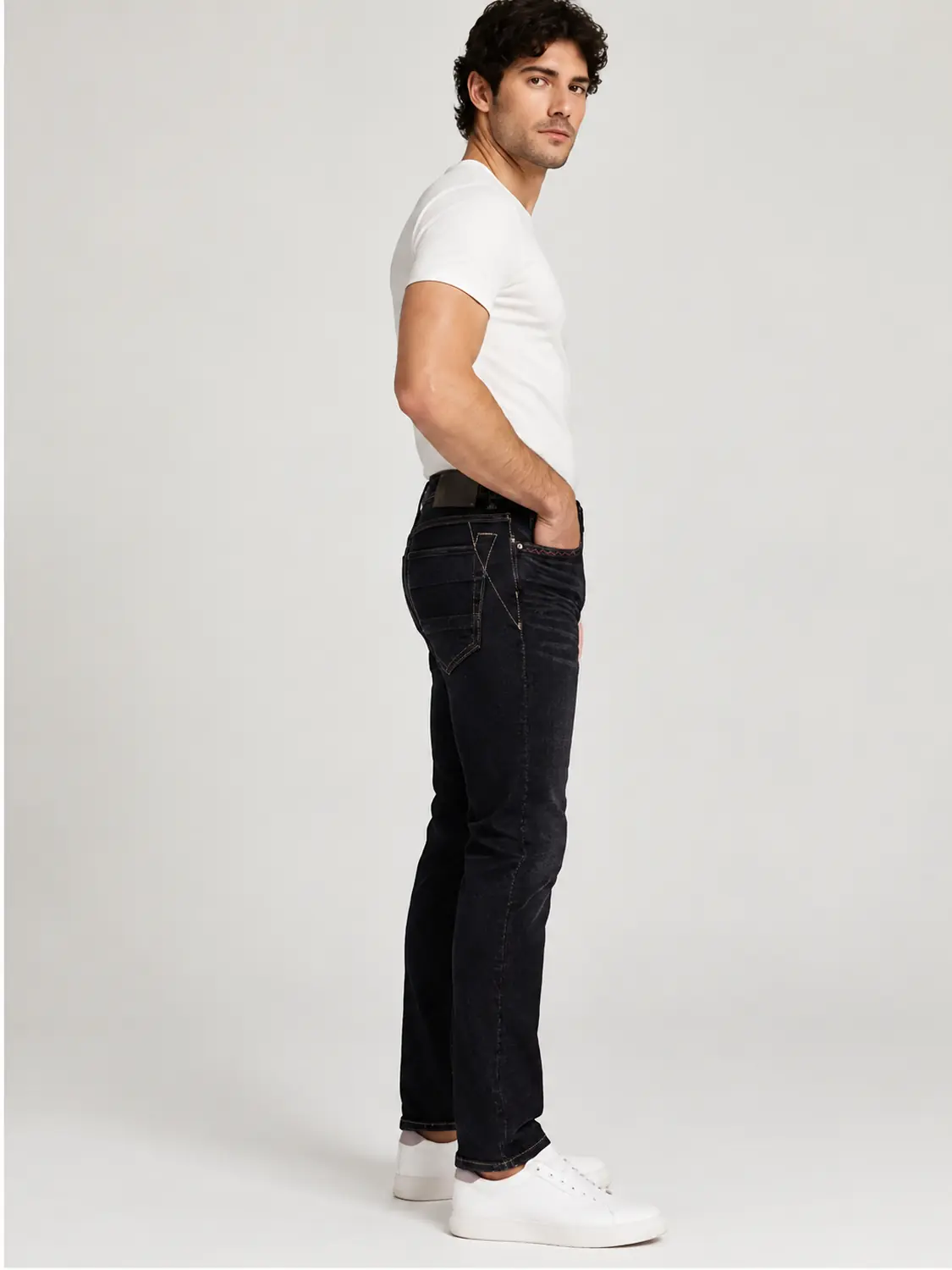 Men’s Black Washed Stretch Slim Fit Jeans — view 3