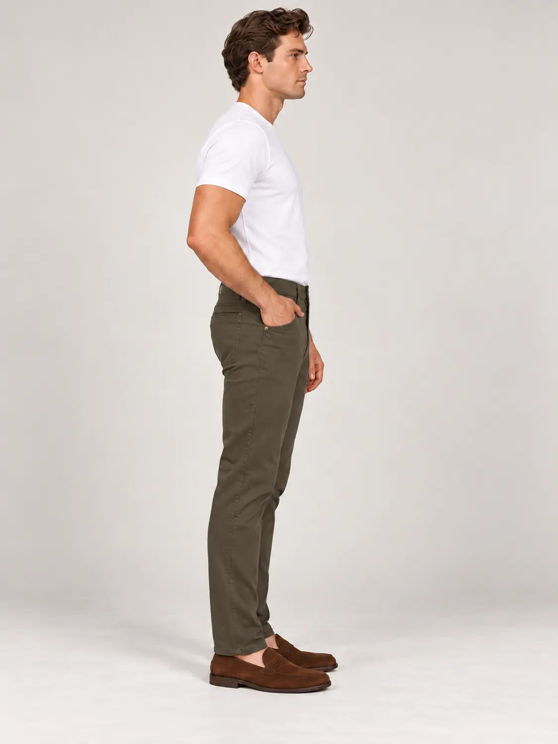 Men’s Olive Pigment-Dyed Stretch Slim Fit Denim-Pocket Chino Pants — view 5