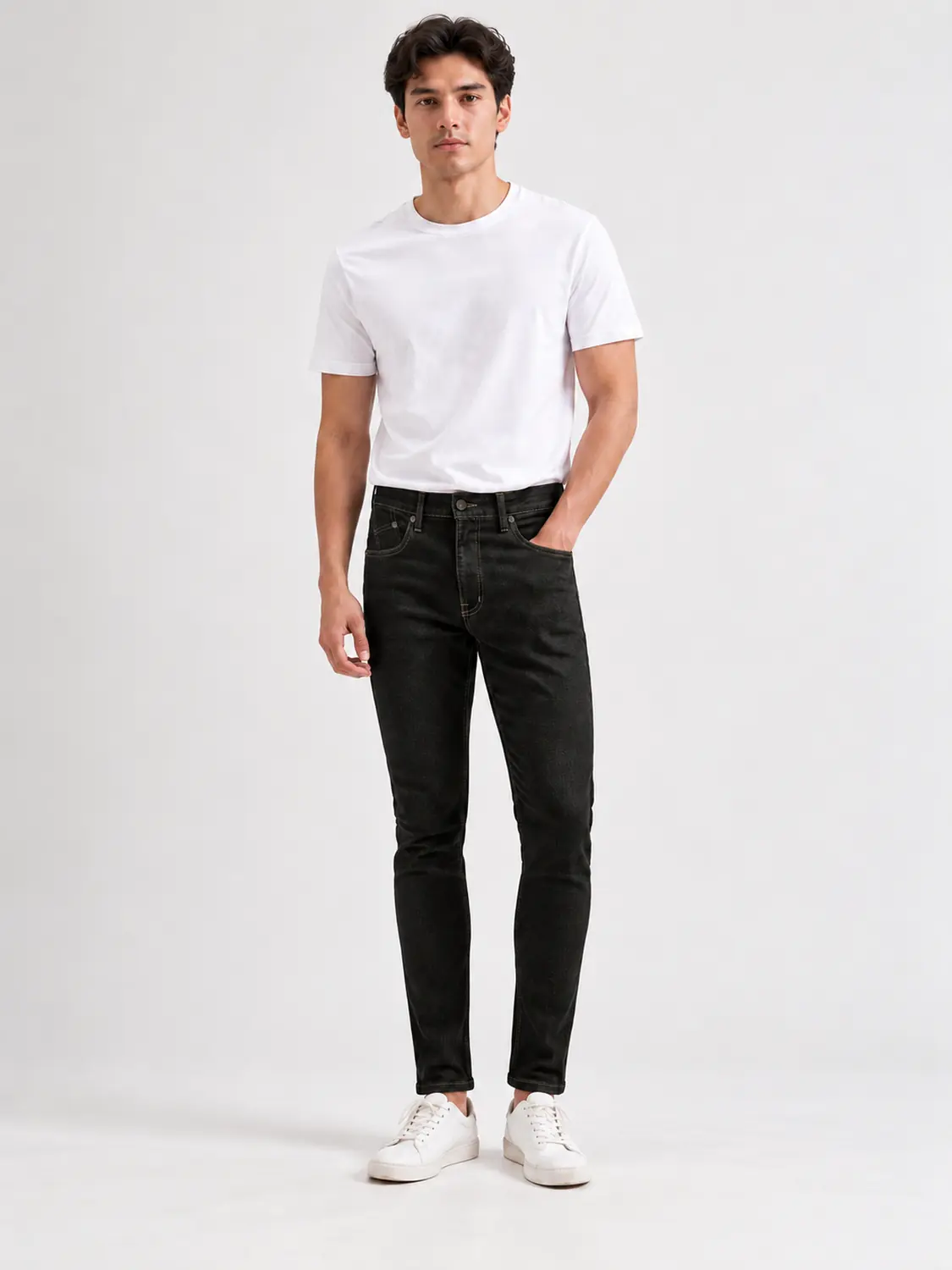 Men’s Black Washed Stretch Slim Fit Jeans with Back-Pocket Embroidery — view 1