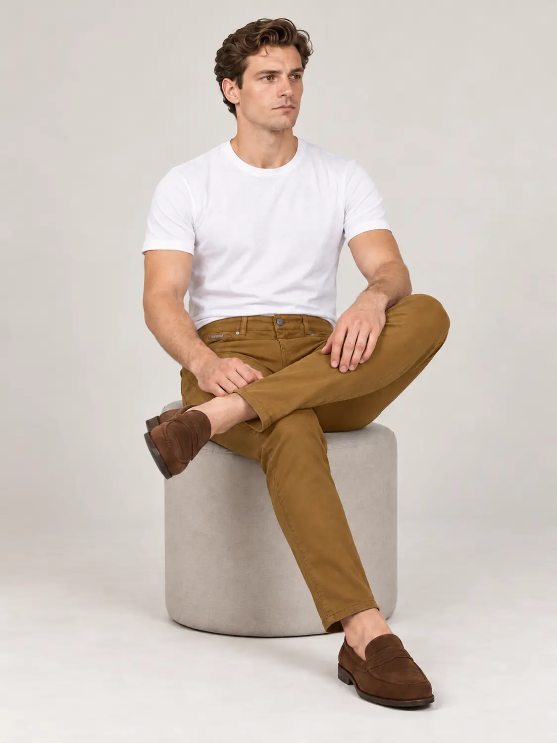 Men’s Mustard Pigment-Dyed Stretch Slim Fit Denim-Pocket Chino Pants — view 7