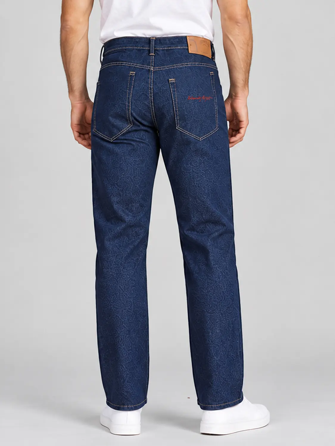 Men’s Indigo Blue Washed Stretch Slim Fit Jeans with Back-Pocket Embroidery — view 2