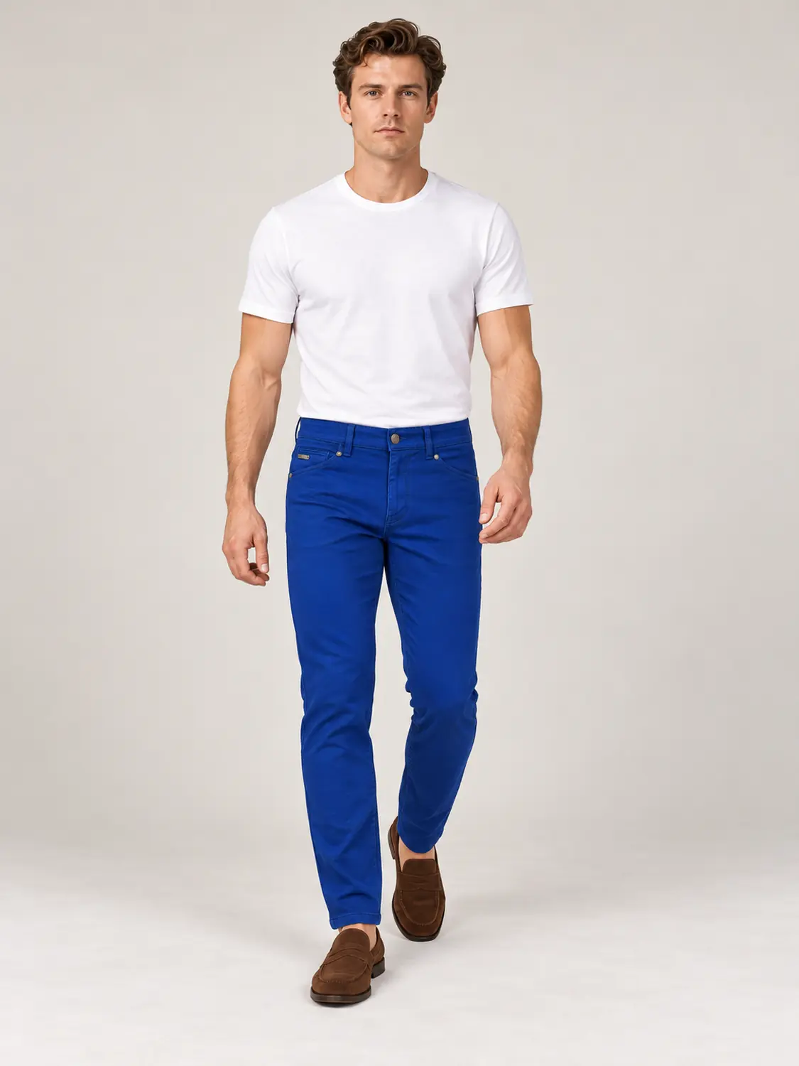 Men’s Royal Blue Pigment-Dyed Stretch Slim Fit Denim-Pocket Chino Pants — view 1