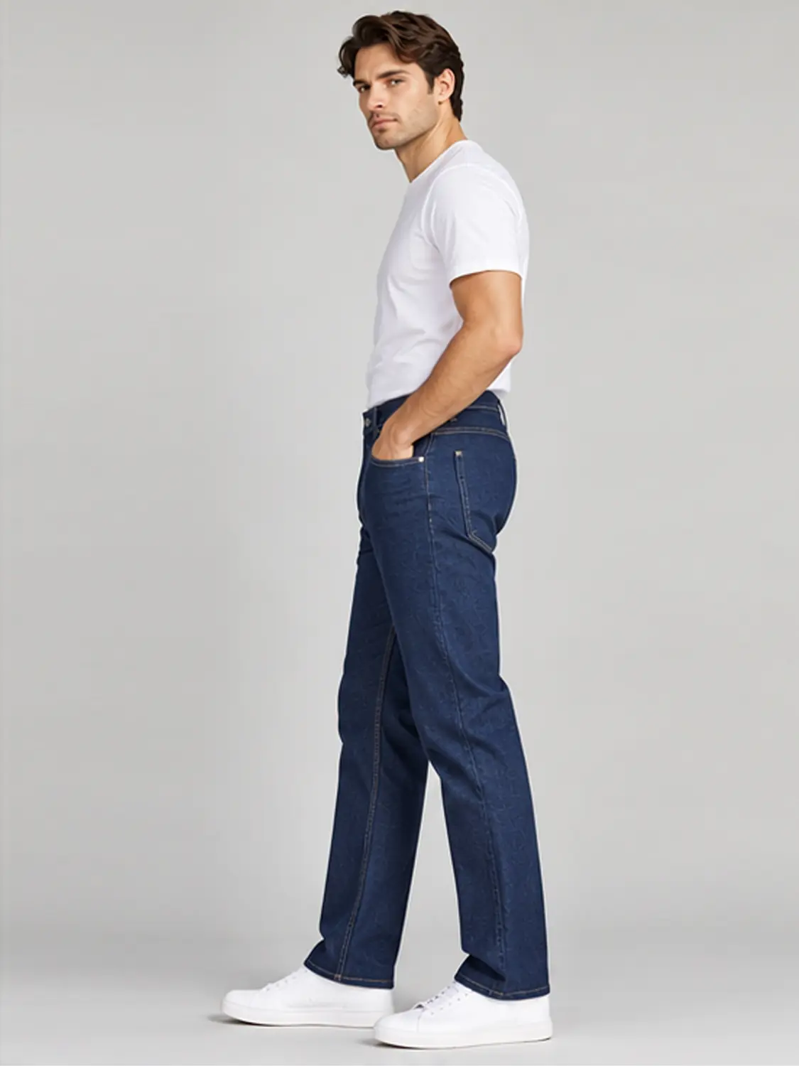 Men’s Indigo Blue Washed Stretch Slim Fit Jeans with Back-Pocket Embroidery — view 1