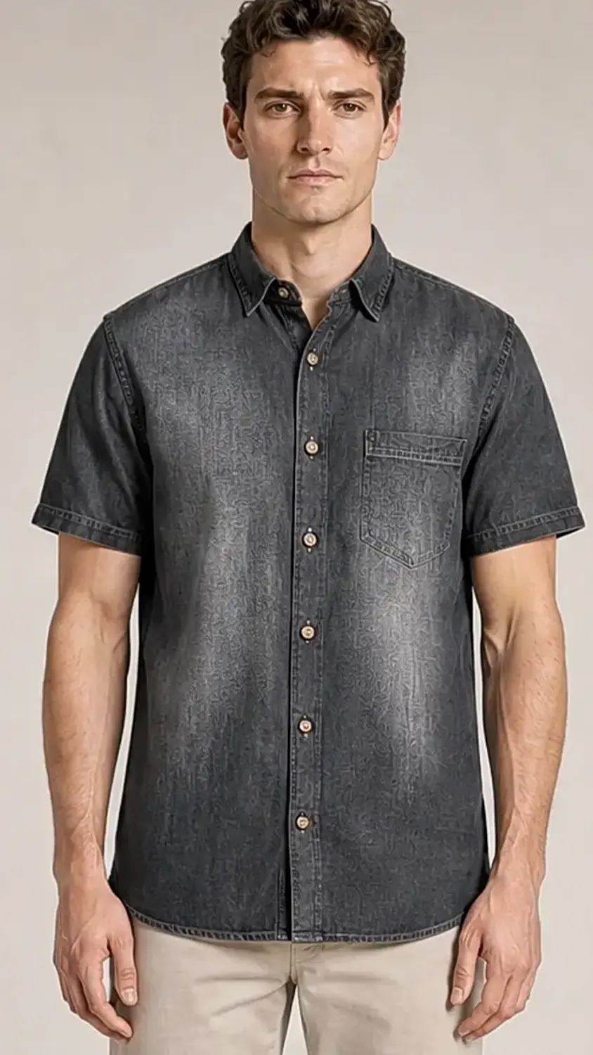 Men's Washed Charcoal Denim-Style Short Sleeve Tencil Cotton Shirt — view 7