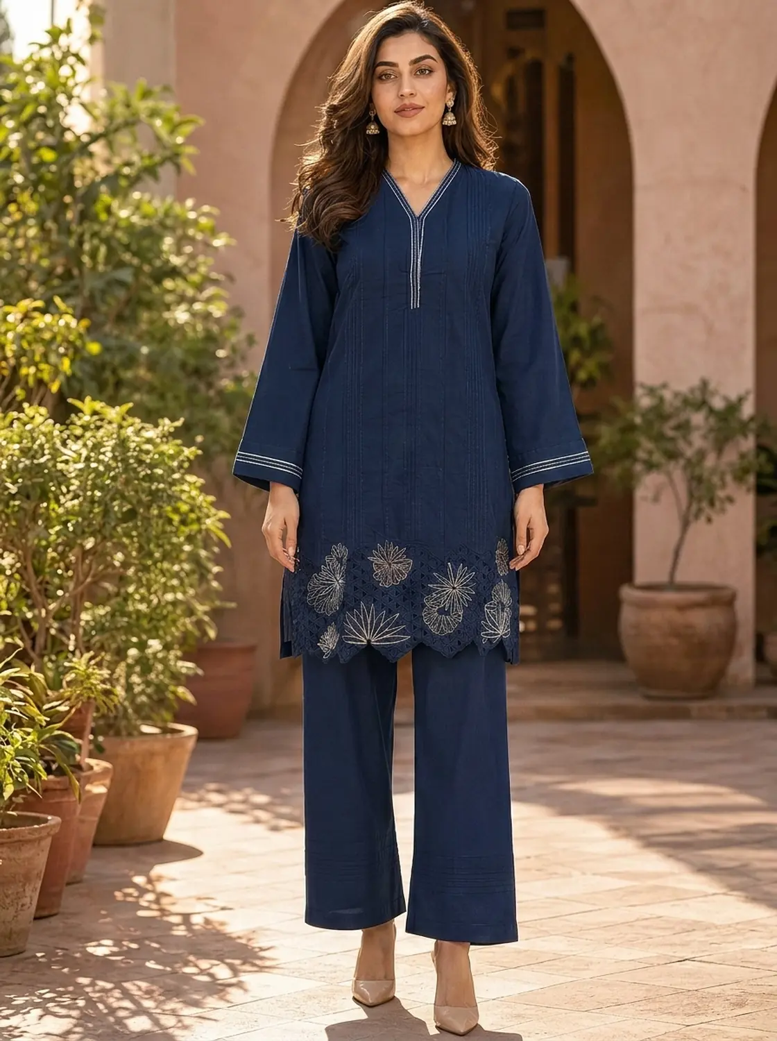 Women's Navy Blue Cutwork Embroidered 2-Piece Cotton Co-Ord Set — view 1