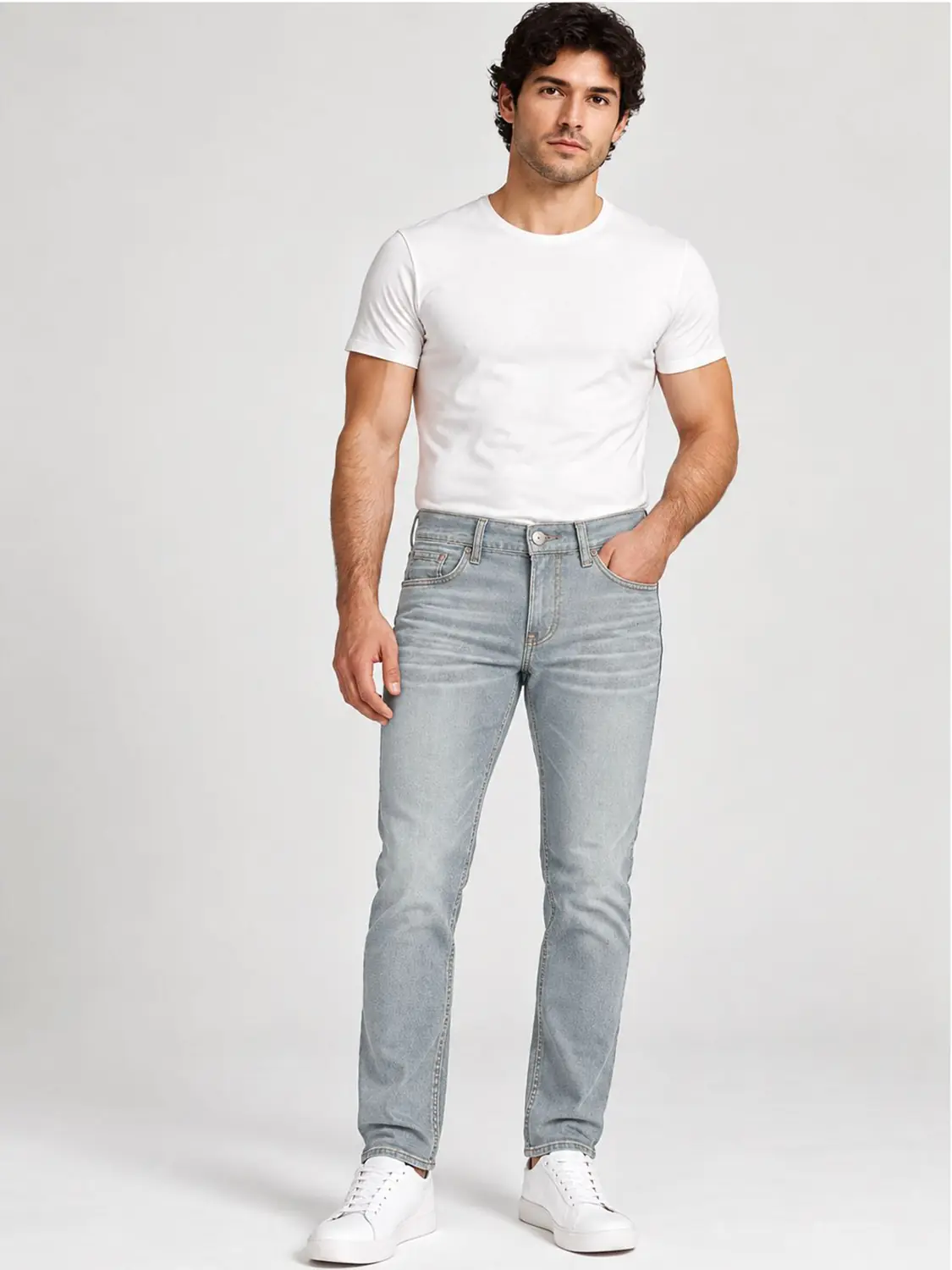 Men’s Light Wash Blue Stretch Slim Fit Jeans with Red Zigzag Stitching — view 9