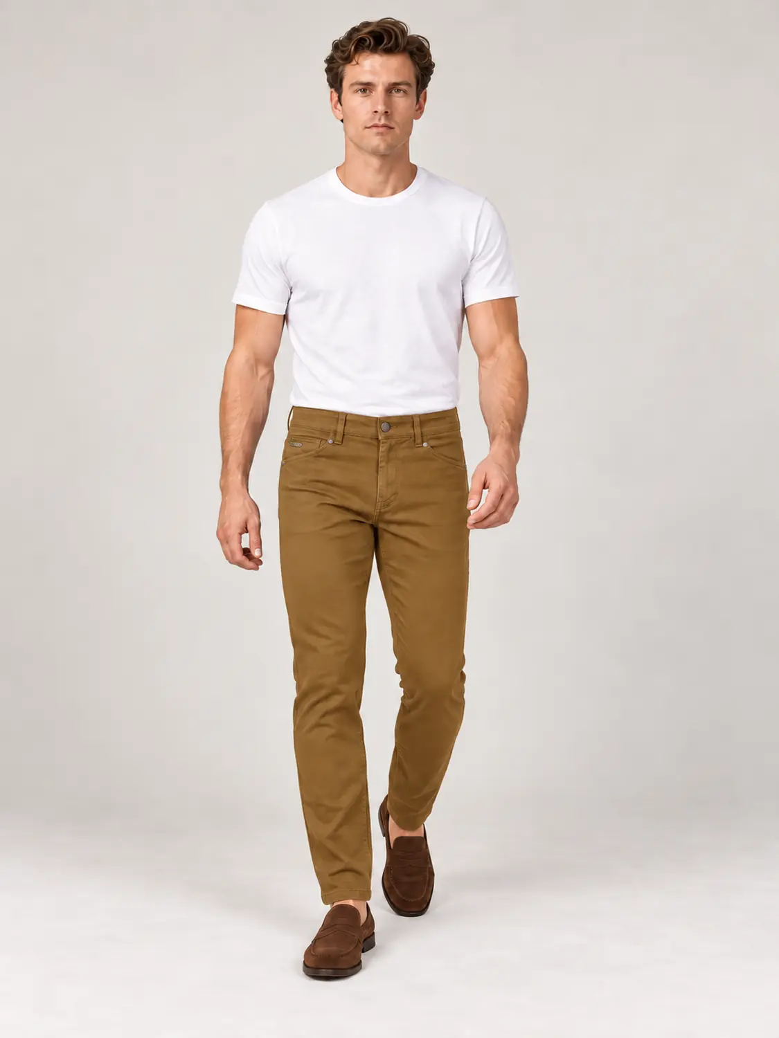 Men’s Mustard Pigment-Dyed Stretch Slim Fit Denim-Pocket Chino Pants — view 6