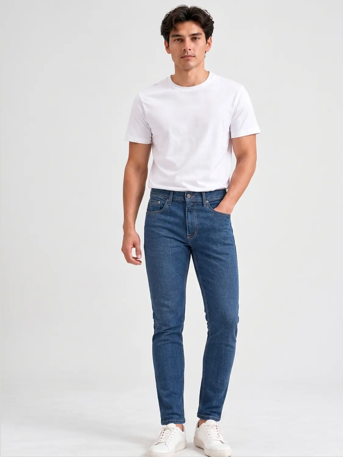 Men’s Medium Blue Washed Stretch Slim Fit Jeans with Back-Pocket Embroidery — view 1