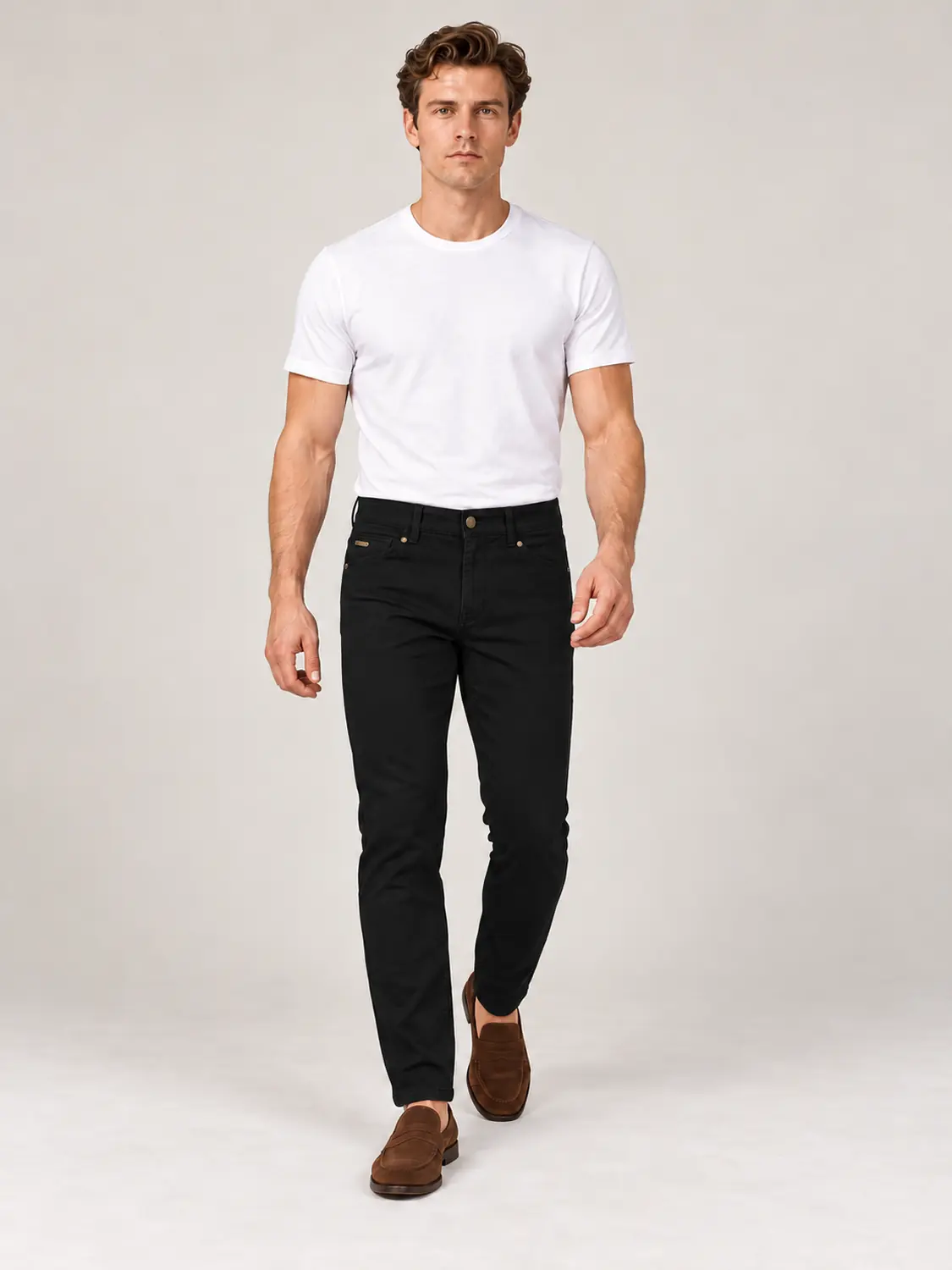 Men’s Black Pigment-Dyed Stretch Slim Fit Denim-Pocket Chino Pants — view 2