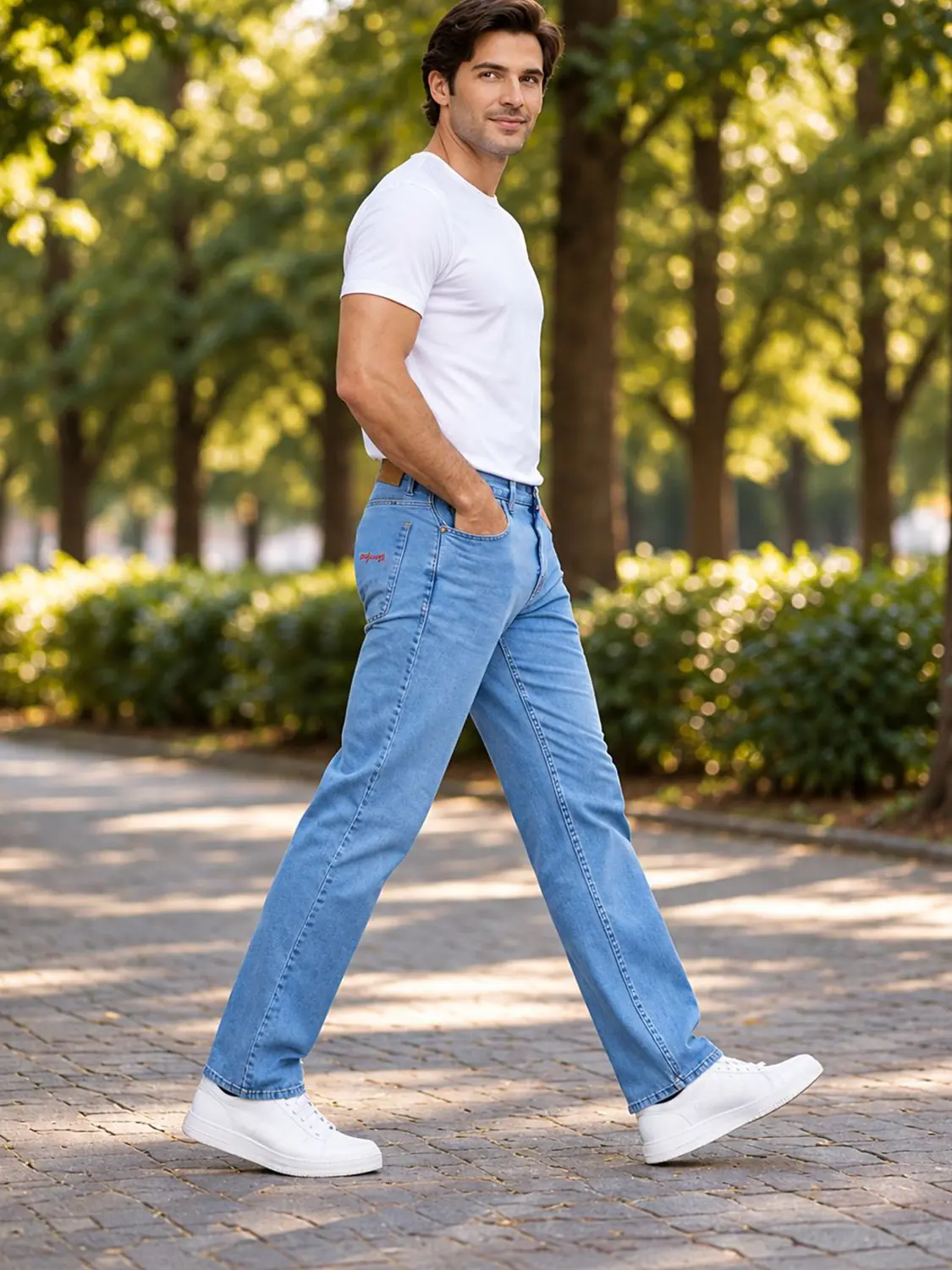 Men’s Light Blue Washed Stretch Slim Fit Jeans with Back-Pocket Embroidery — view 6