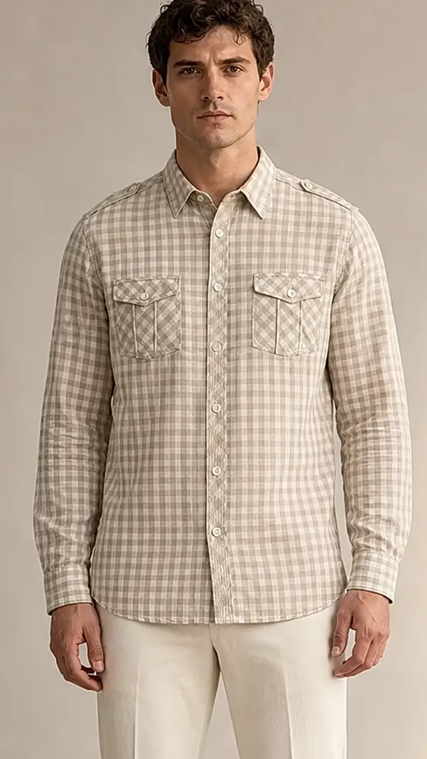 Men's Beige & White Gingham Check Long Sleeve Casual Cotton Shirt — view 7