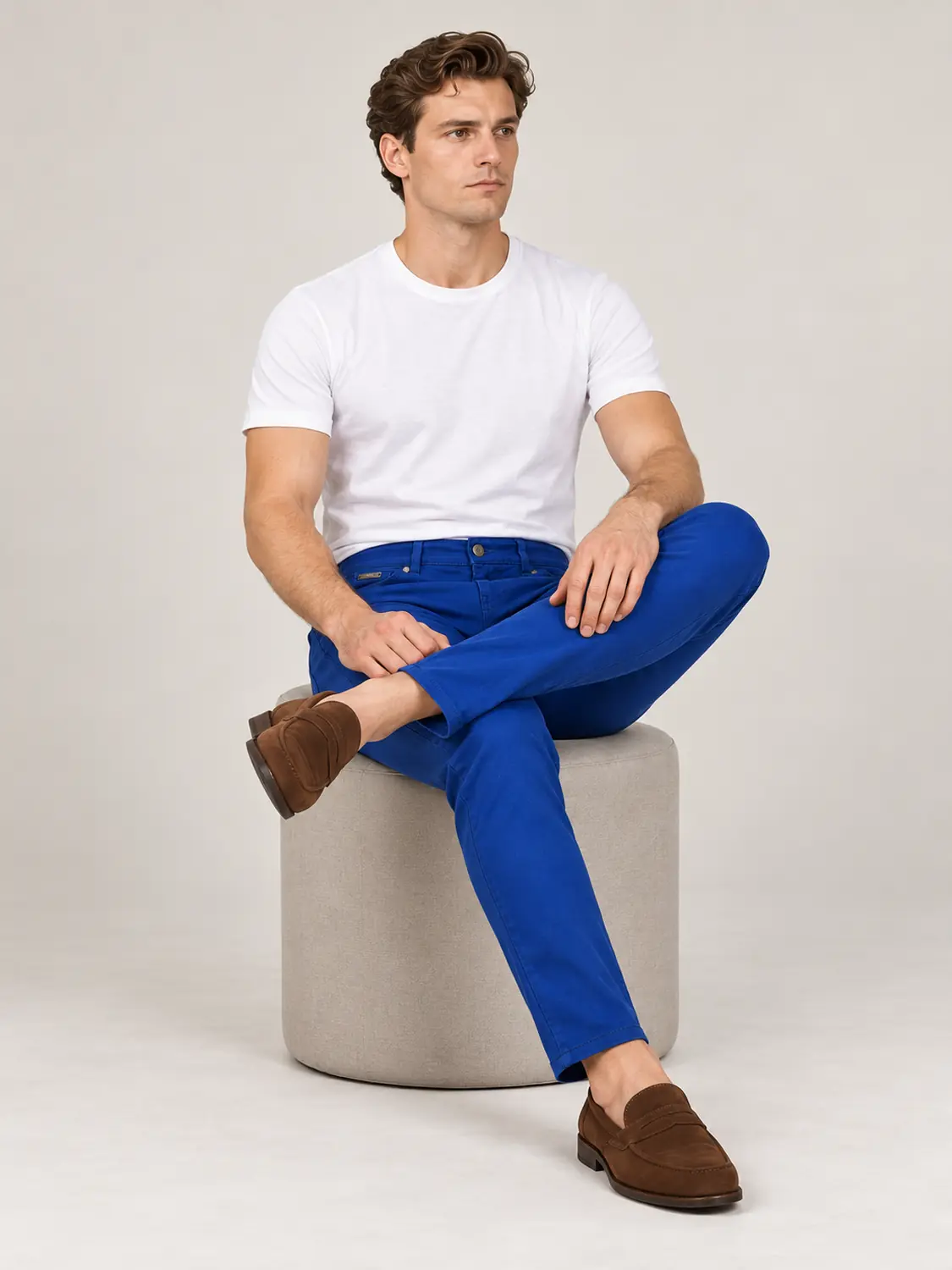 Men’s Royal Blue Pigment-Dyed Stretch Slim Fit Denim-Pocket Chino Pants — view 8