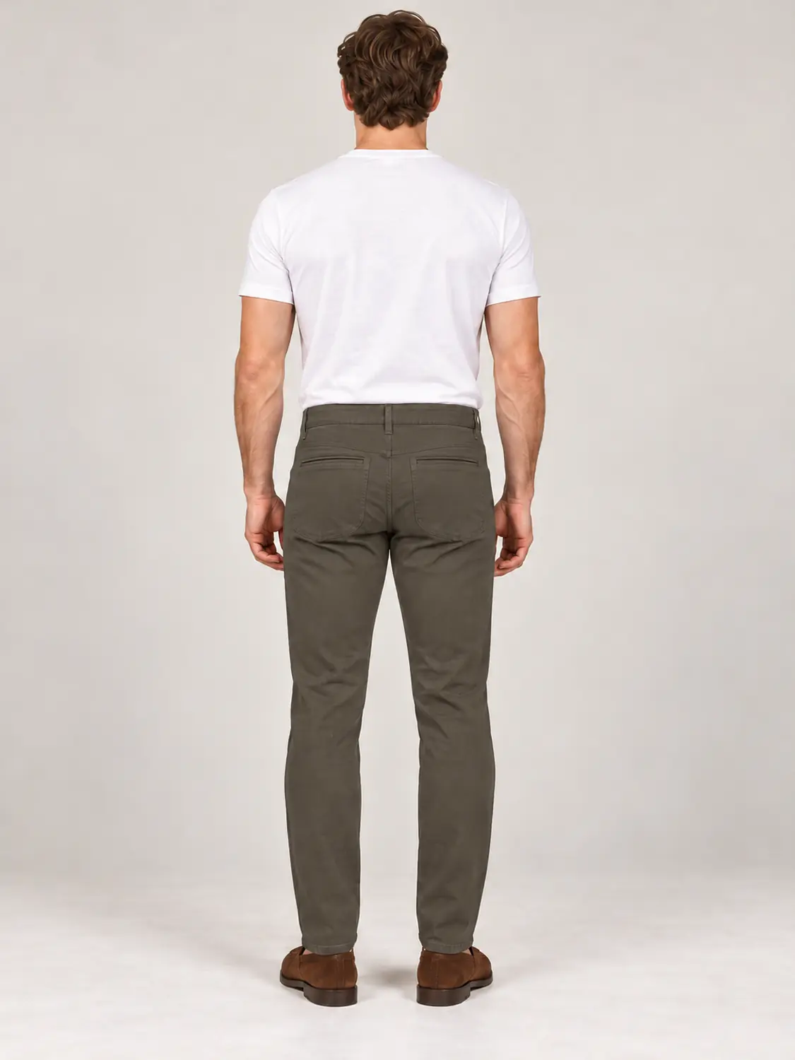 Men’s Olive Pigment-Dyed Stretch Slim Fit Denim-Pocket Chino Pants — view 2