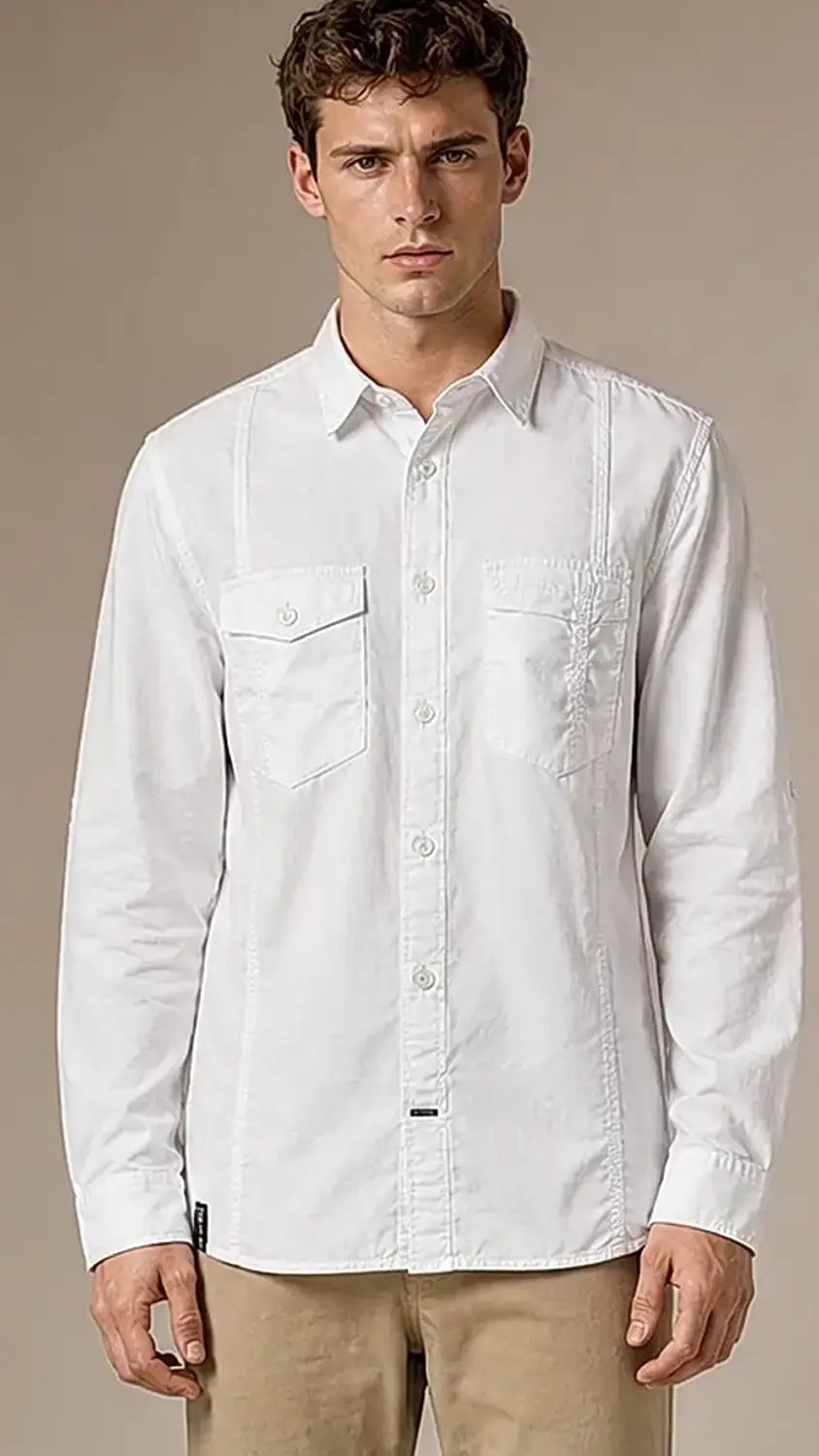 Men's Crisp White Dual Pocket Long Sleeve Utility Cotton Shirt — view 7