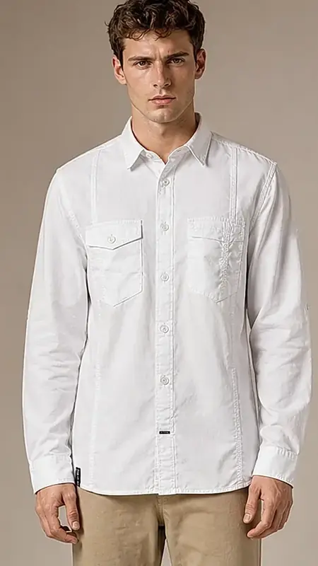 Men's Crisp White Dual Pocket Long Sleeve Utility Cotton Shirt