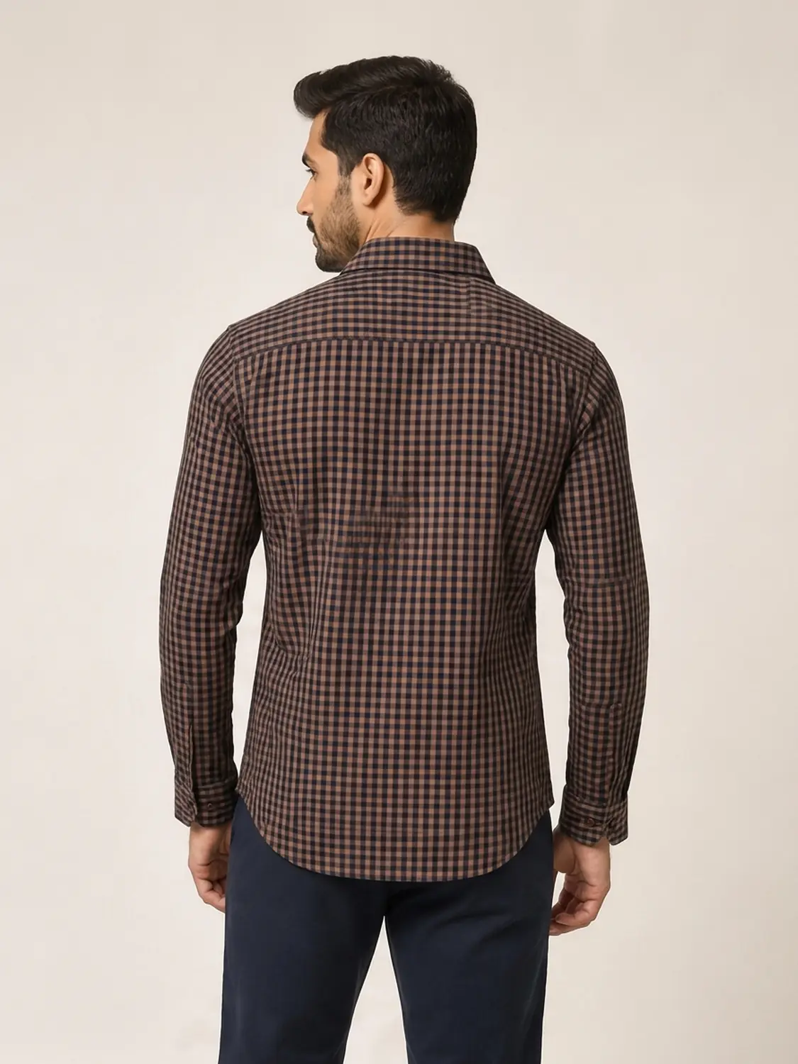 Men's Brown Micro Gingham Check Yarn Dyed Cotton Casual Shirt — view 1