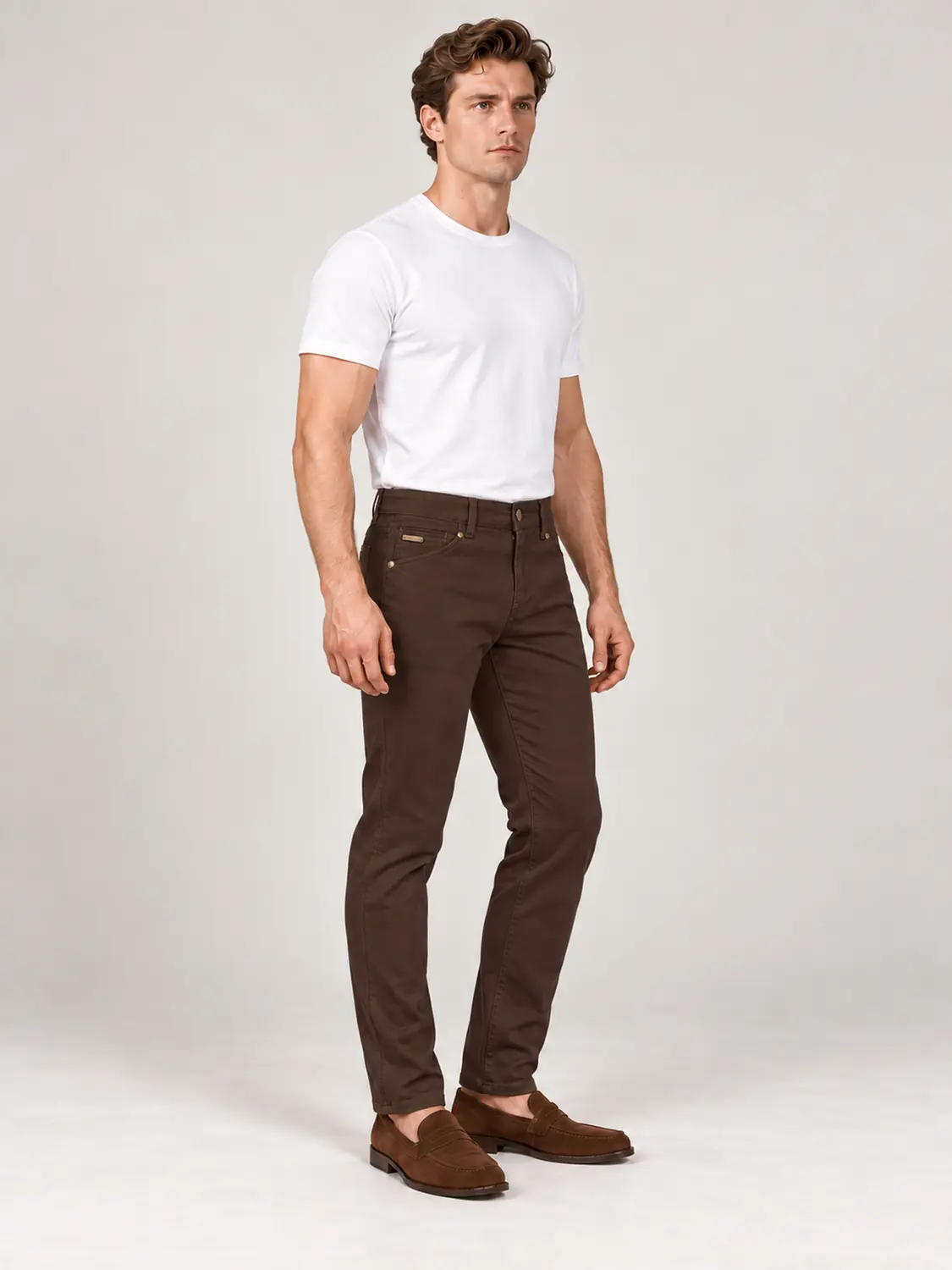 Men’s Brown Pigment-Dyed Stretch Slim Fit Denim-Pocket Chino Pants — view 3