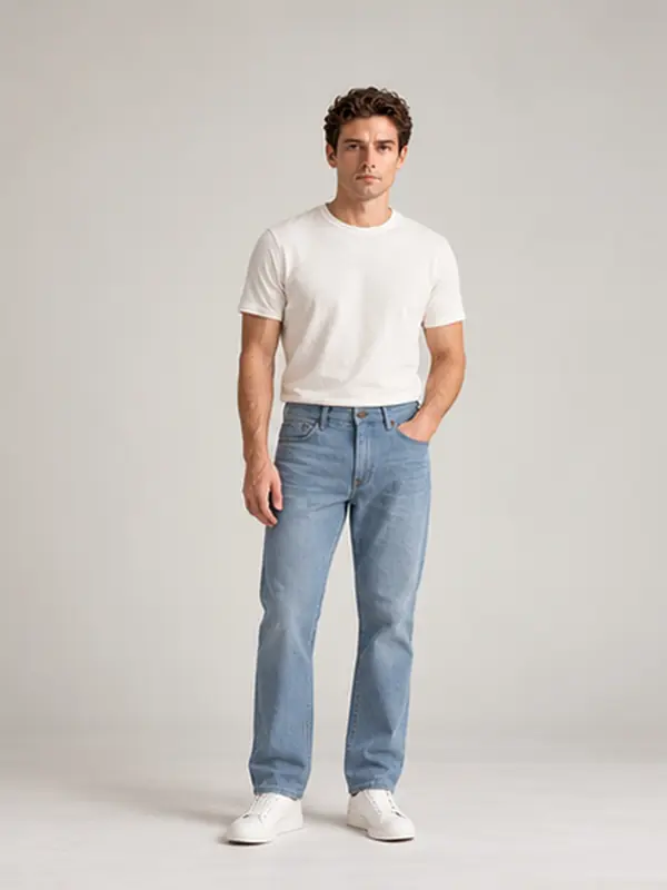Men’s Light Wash Blue Stretch Slim Fit Jeans with Red Zigzag Stitching