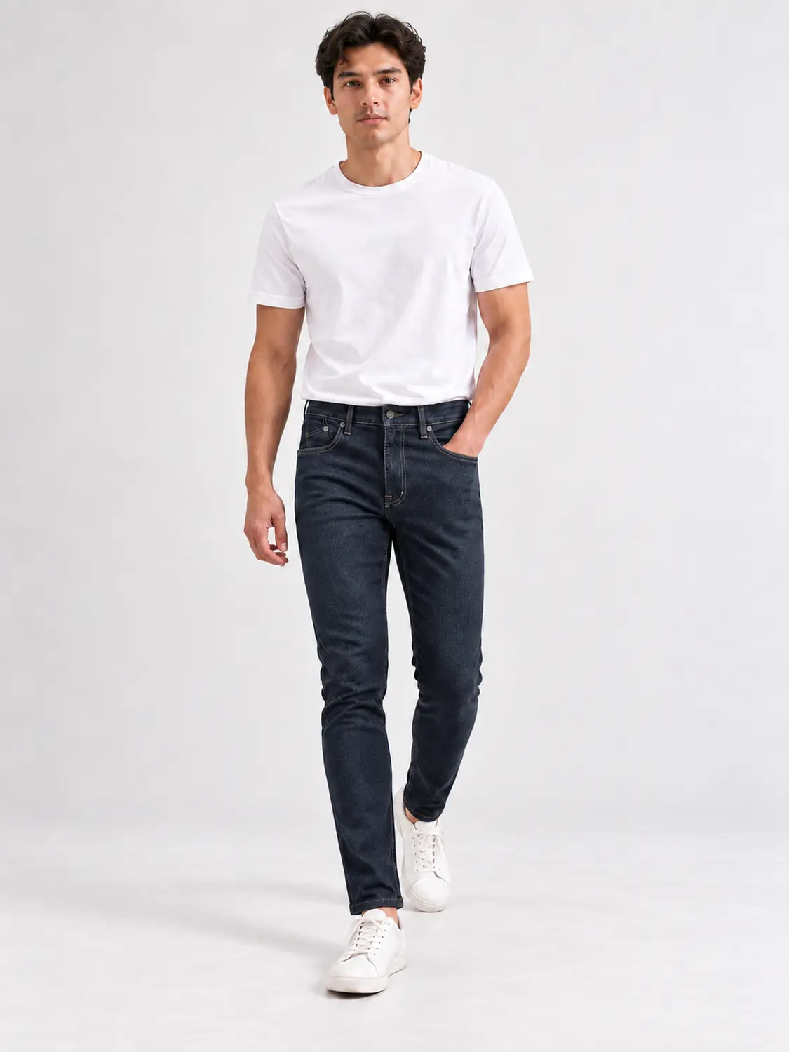 Men’s Navy Washed Stretch Slim Fit Jeans with Back-Pocket Embroidery — view 8