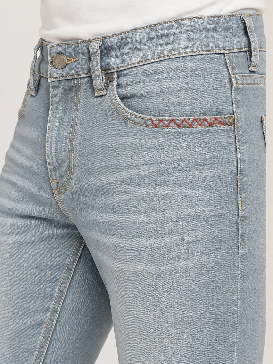 Men’s Light Wash Blue Stretch Slim Fit Jeans with Red Zigzag Stitching — view 11